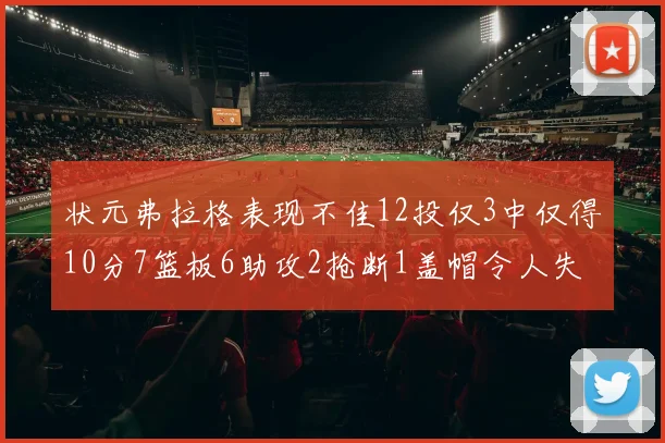 状元弗拉格表现不佳12投仅3中仅得10分7篮板6助攻2抢断1盖帽令人失望